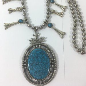 Southwestern Beaded Bib Pendant Necklace Turquoise Blue Silver Tone